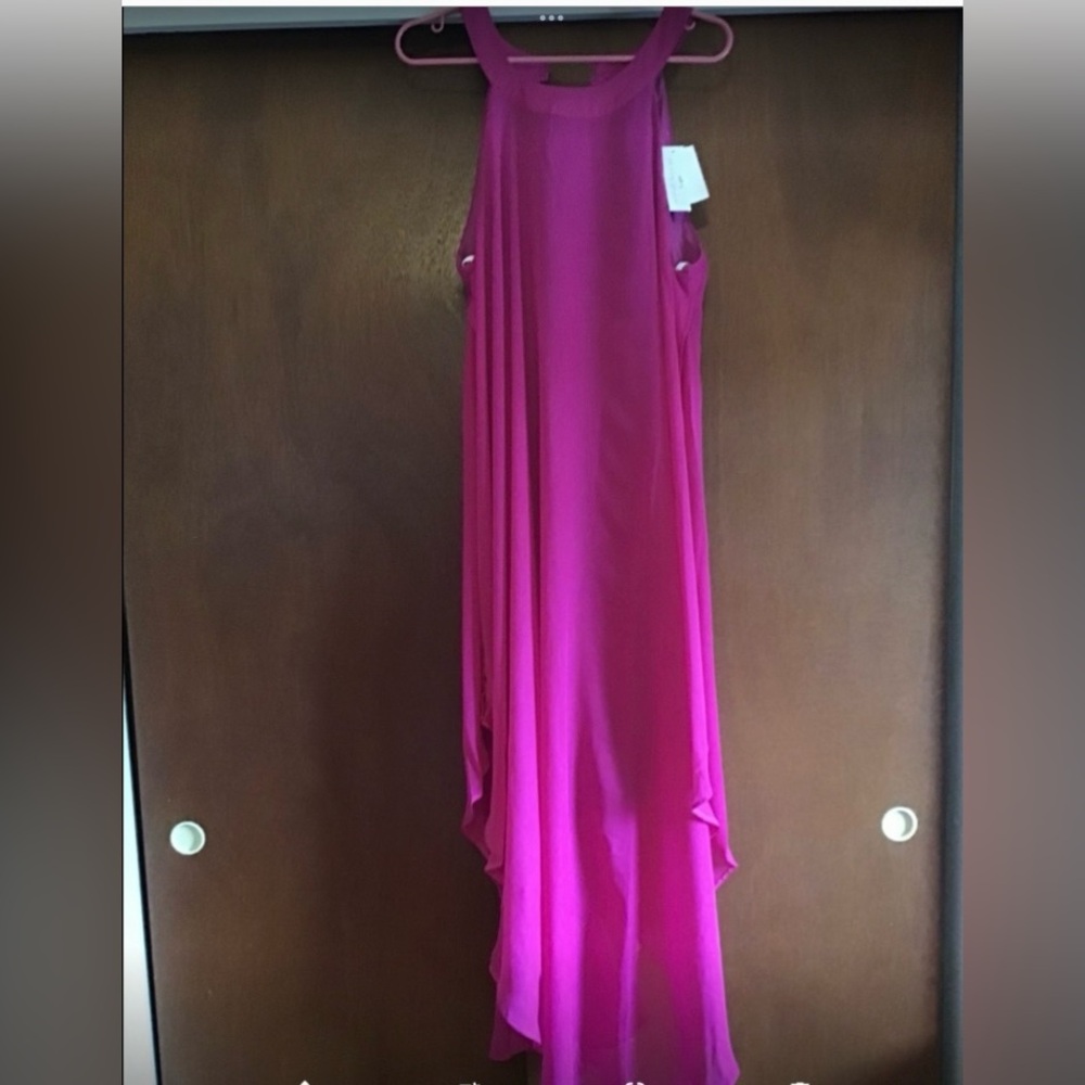 Love Squared:  Halter maxi dress Raspberry/fuchsia) size: xL sheer long overlay.